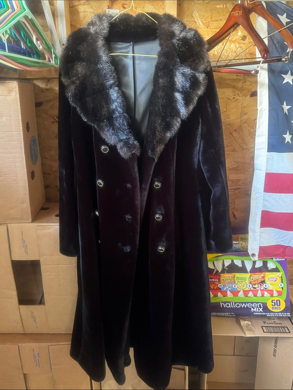 Women's Black Faux-Fur Trim Double-Breasted Trench Coat